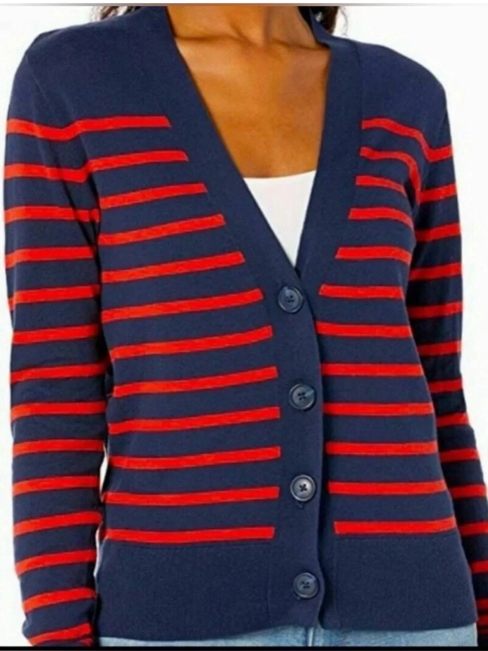 J Crew Cotton Red Navy Patriotic Stripe V Neck Cardigan Sweater Sz XL